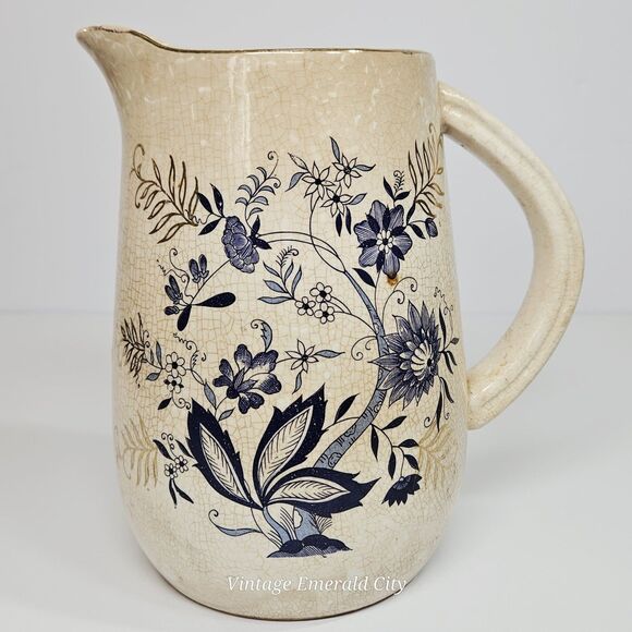 Antique English Ironstone Blue Pitcher Transferware Floral Stained Crazed Jug - Picture 2 of 13
